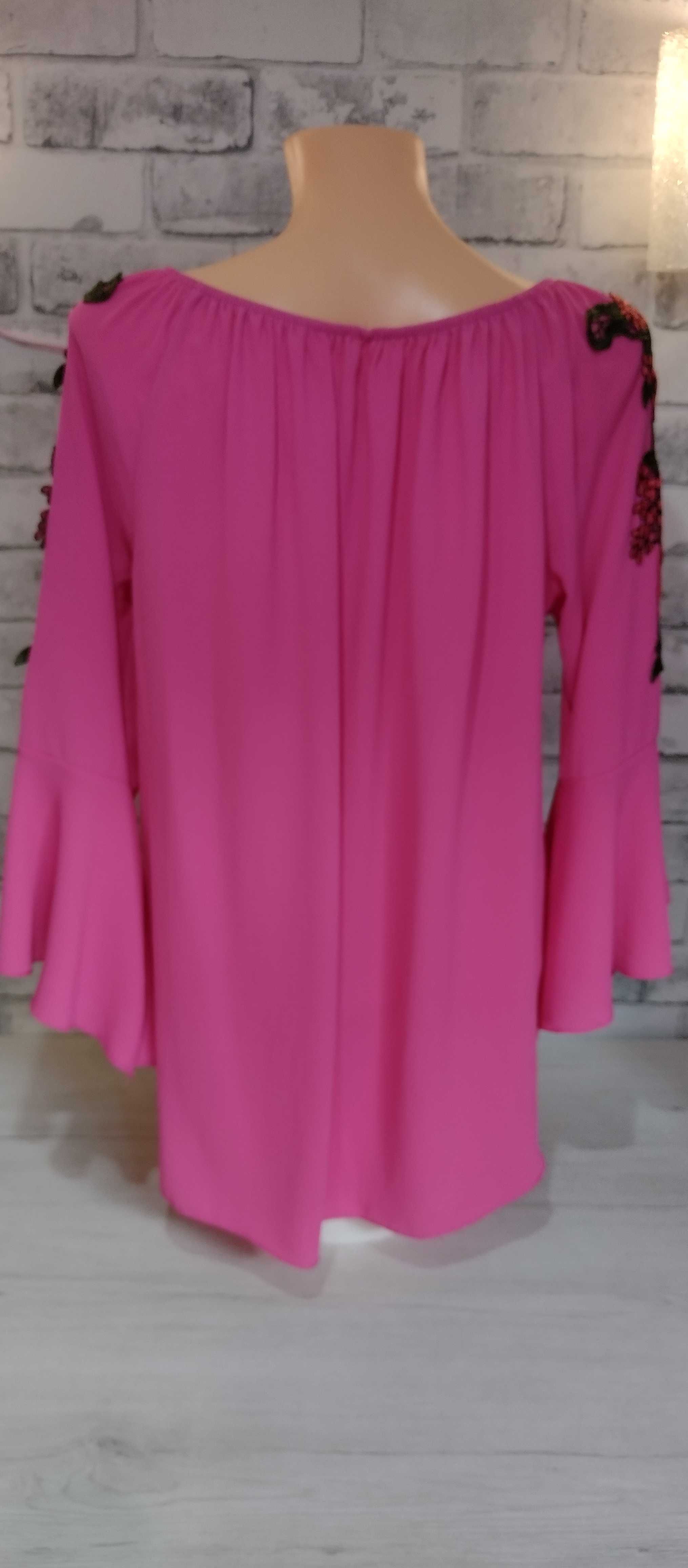 różowa zwiewna tunika bluzka bluzeczka rękaw 3/4 dzwon oversize S-XL