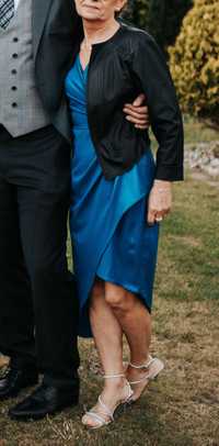 Sukienka suknia wesele bal kobaltowa brokat 36 S asymetryczna