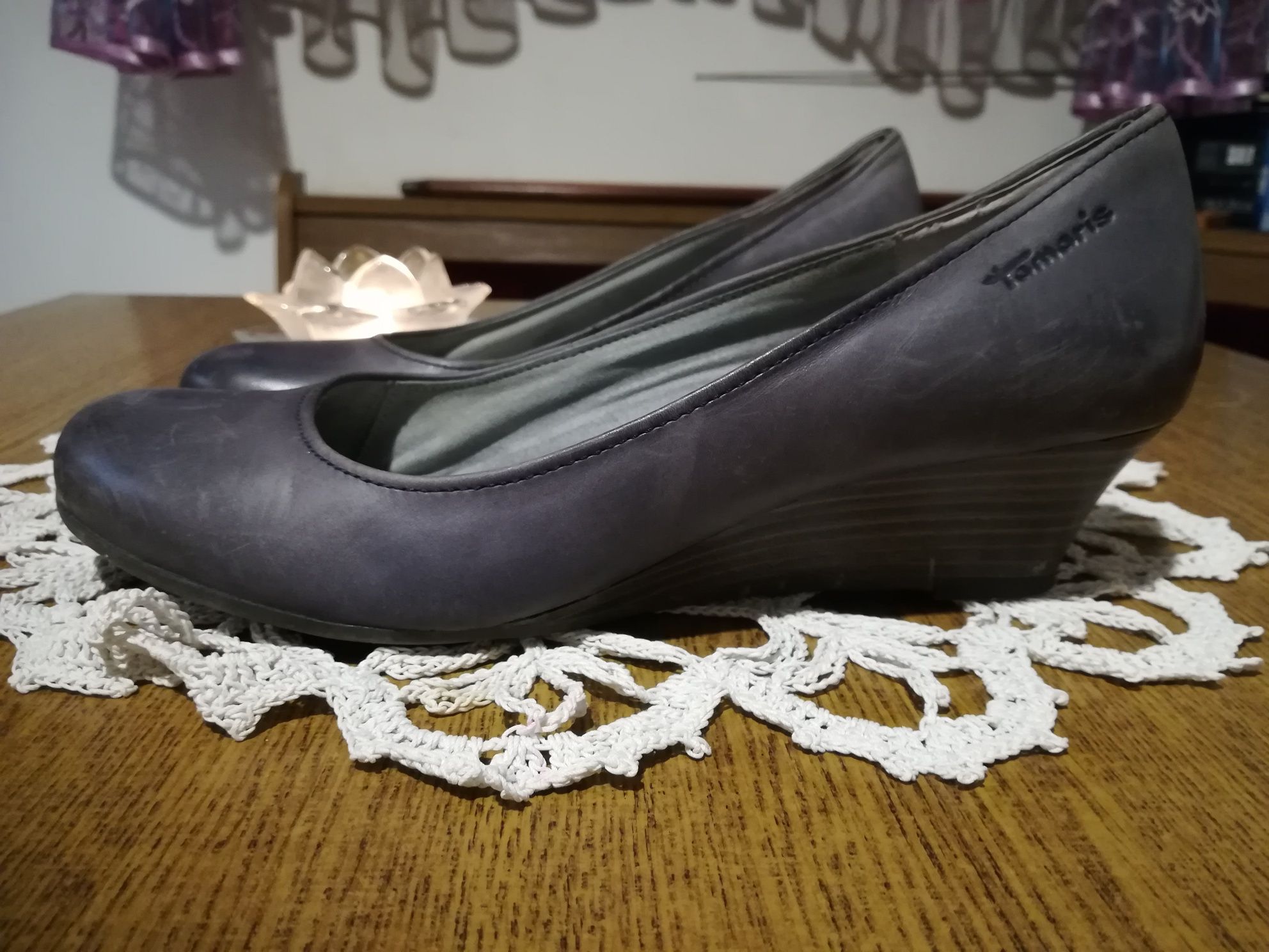 Buty na koturnie 38 TAMARIS skóra, skórzane, szare