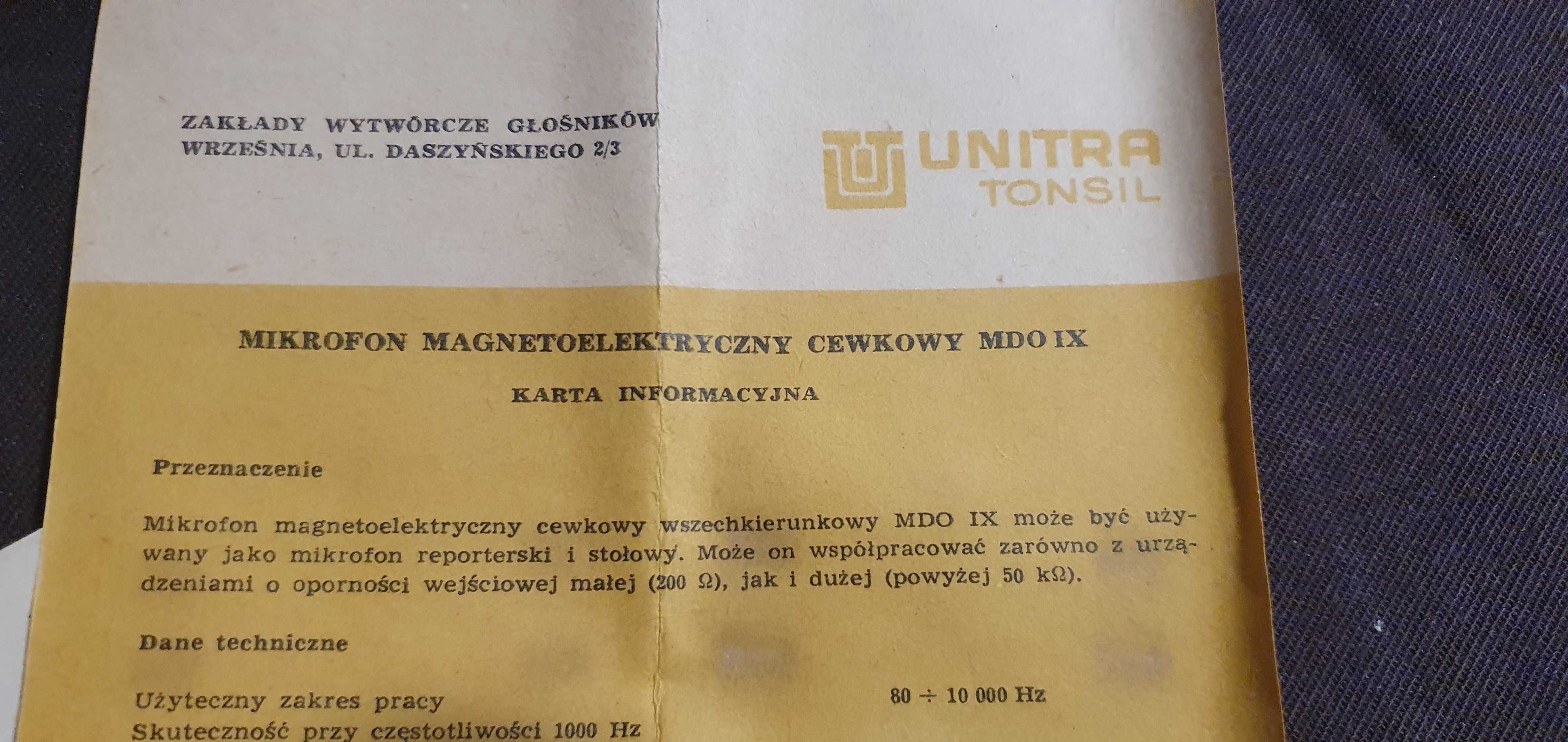 Mikrofon magnetoelektryczny cewkowy. Unitra Tonsil