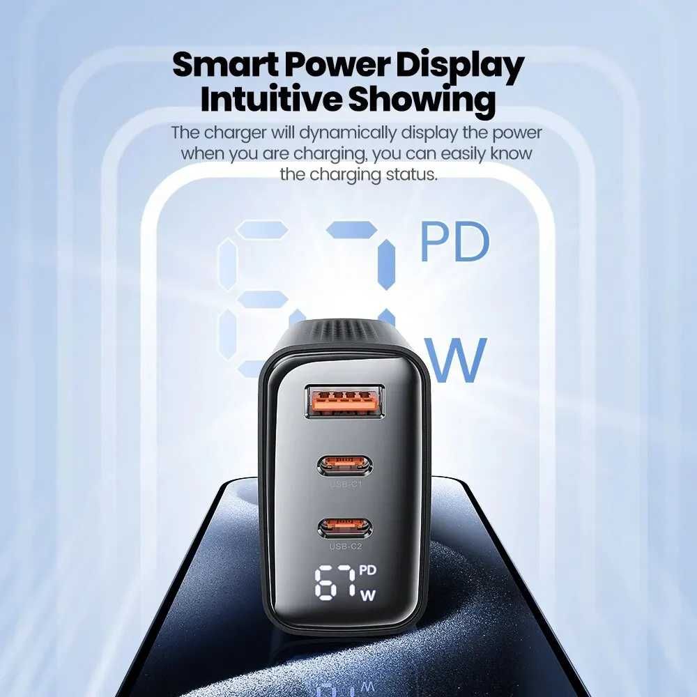 Зарядний пристрій Toocki 67W GaN USB C, PPS PD QC4.0, з дисплеєм
