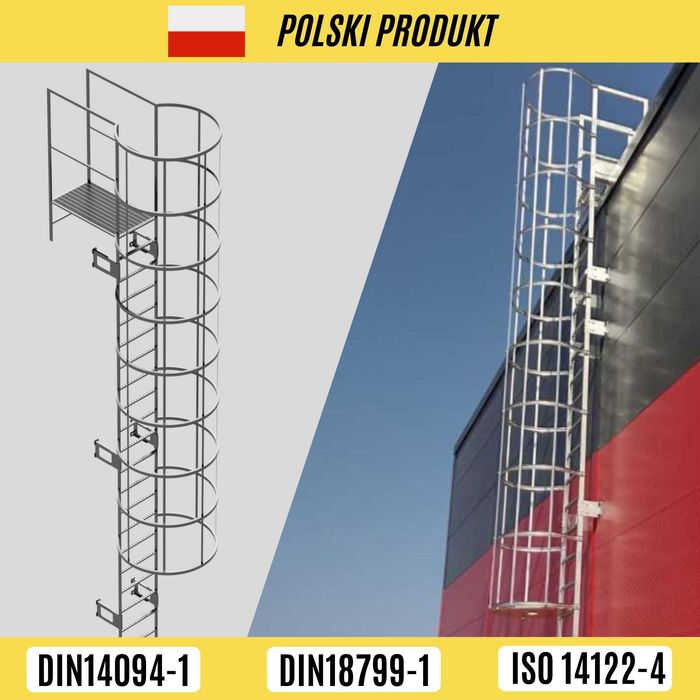 Drabina ewakuacyjna stalowa z koszem i przejściem nad attyką ocynk BHP