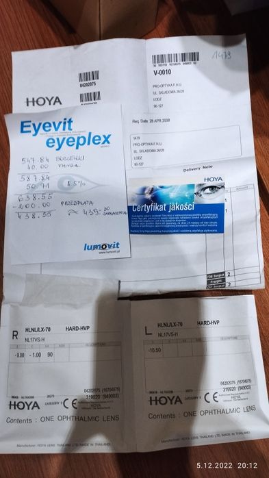 Szkło okularowe soczewka Hoya -10.5 D. Hard HVP Hi-Vision Protect