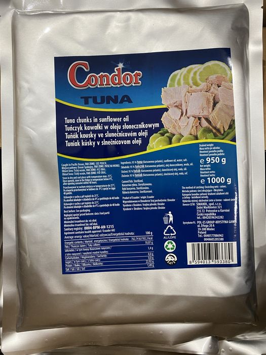 Шматочки тунця Condor в соняшниковій олії 95% м'ясо 1000 г