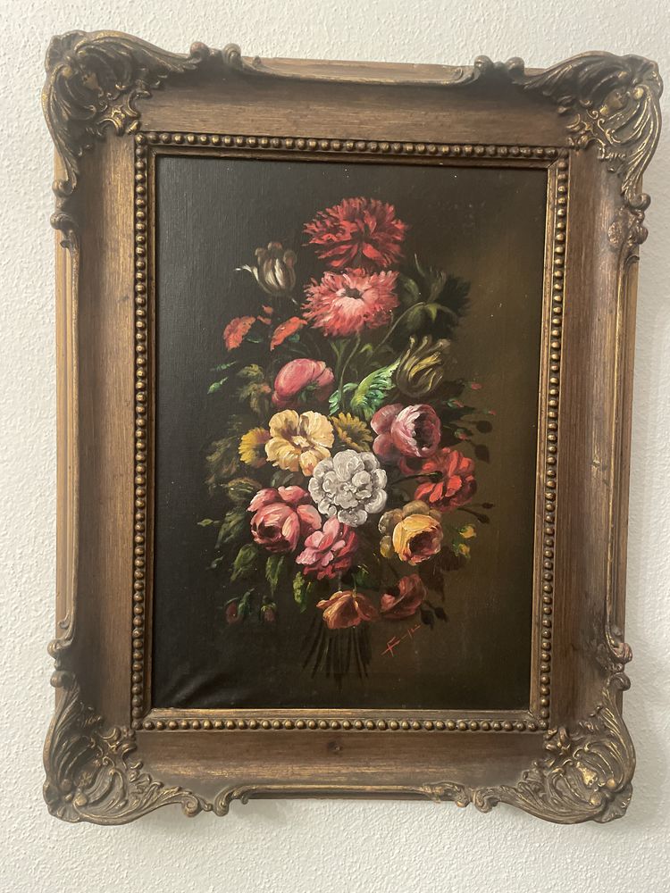 Quadro com pintura a oleo antigo e moldura em madeira dourada