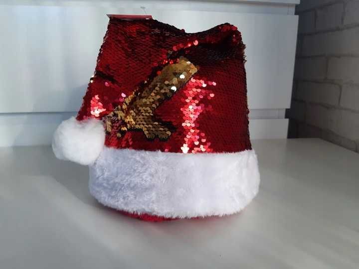 Czapka Mikołaja cekiny złote Mikołajki i Boże Narodzenie