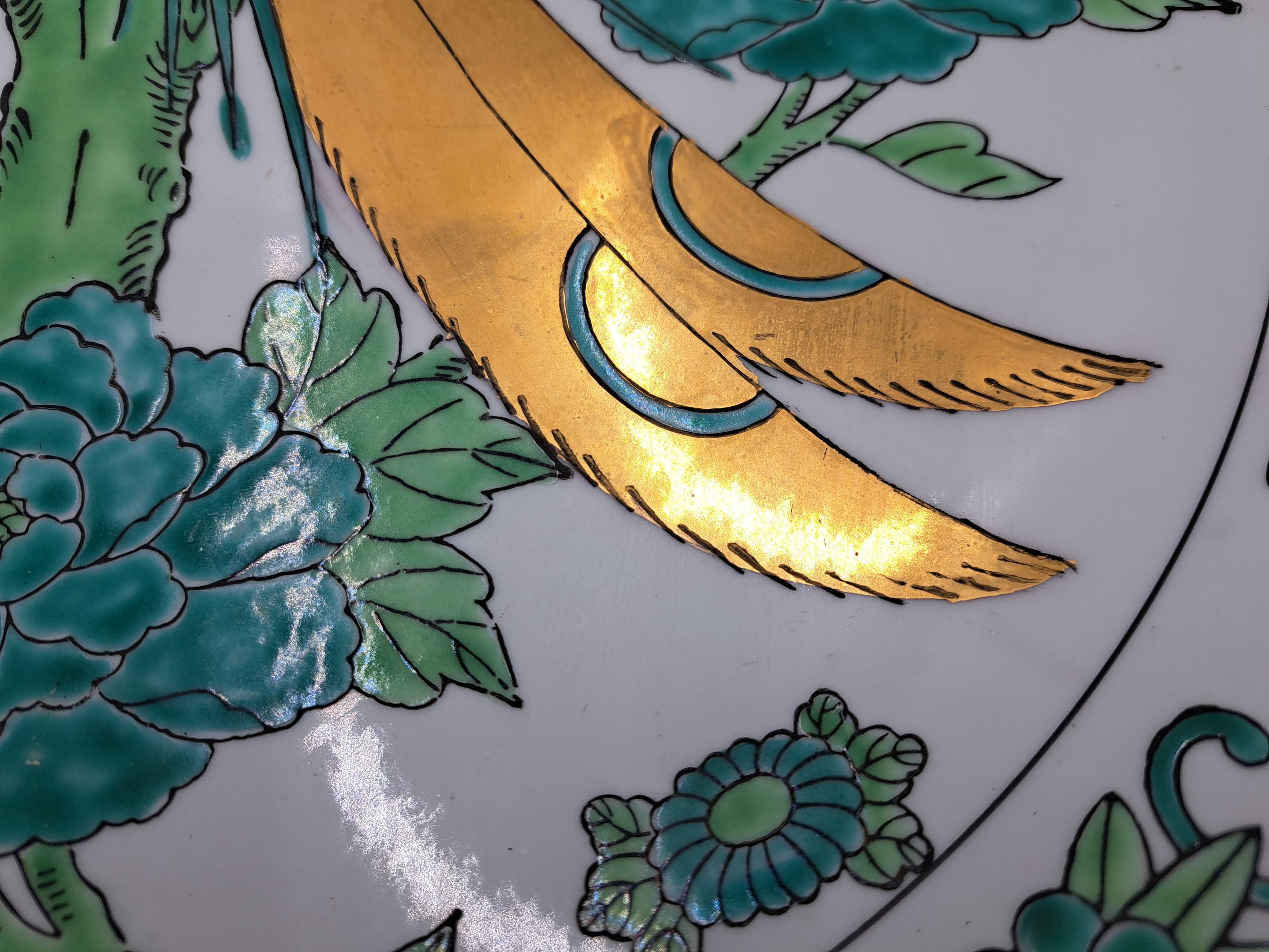 Talerz na ścianę patera Gold Imari Hand Painted zielony paw złocenia