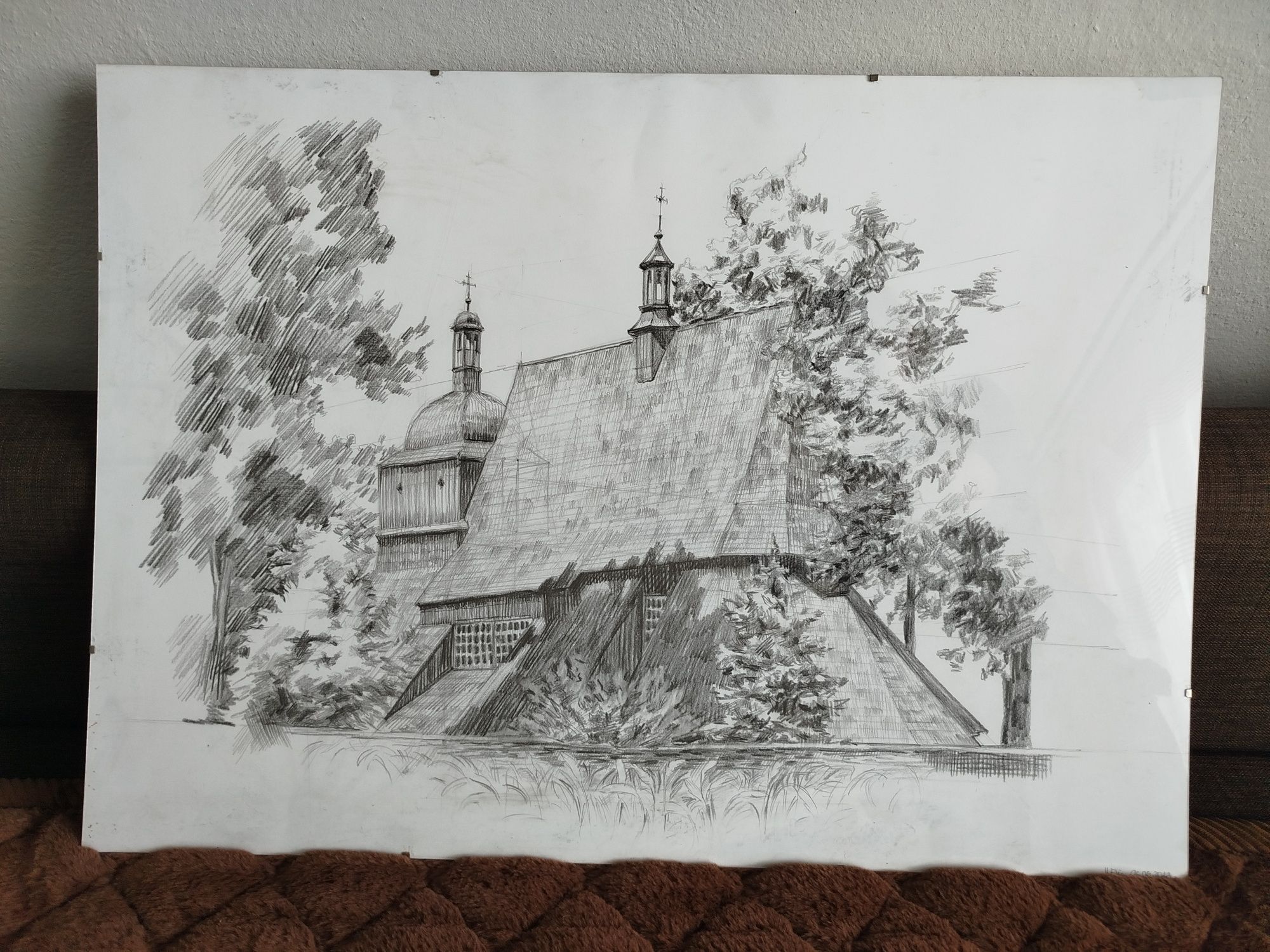 "Drewniany kościół" Rysunek architektoniczny ołówkiem, obraz