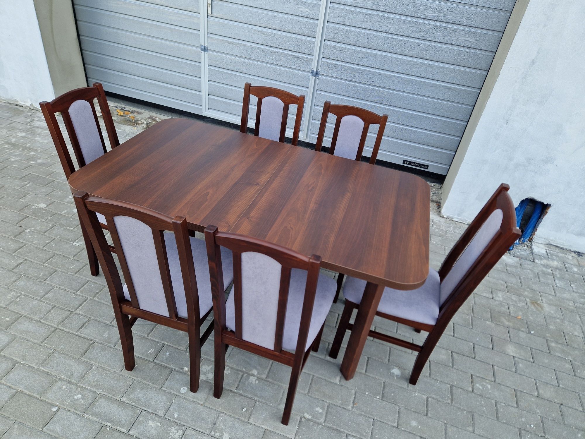 Nowe: Stół 80x140 rozkładany na 180 cm + 6 krzeseł, orzech + szary
