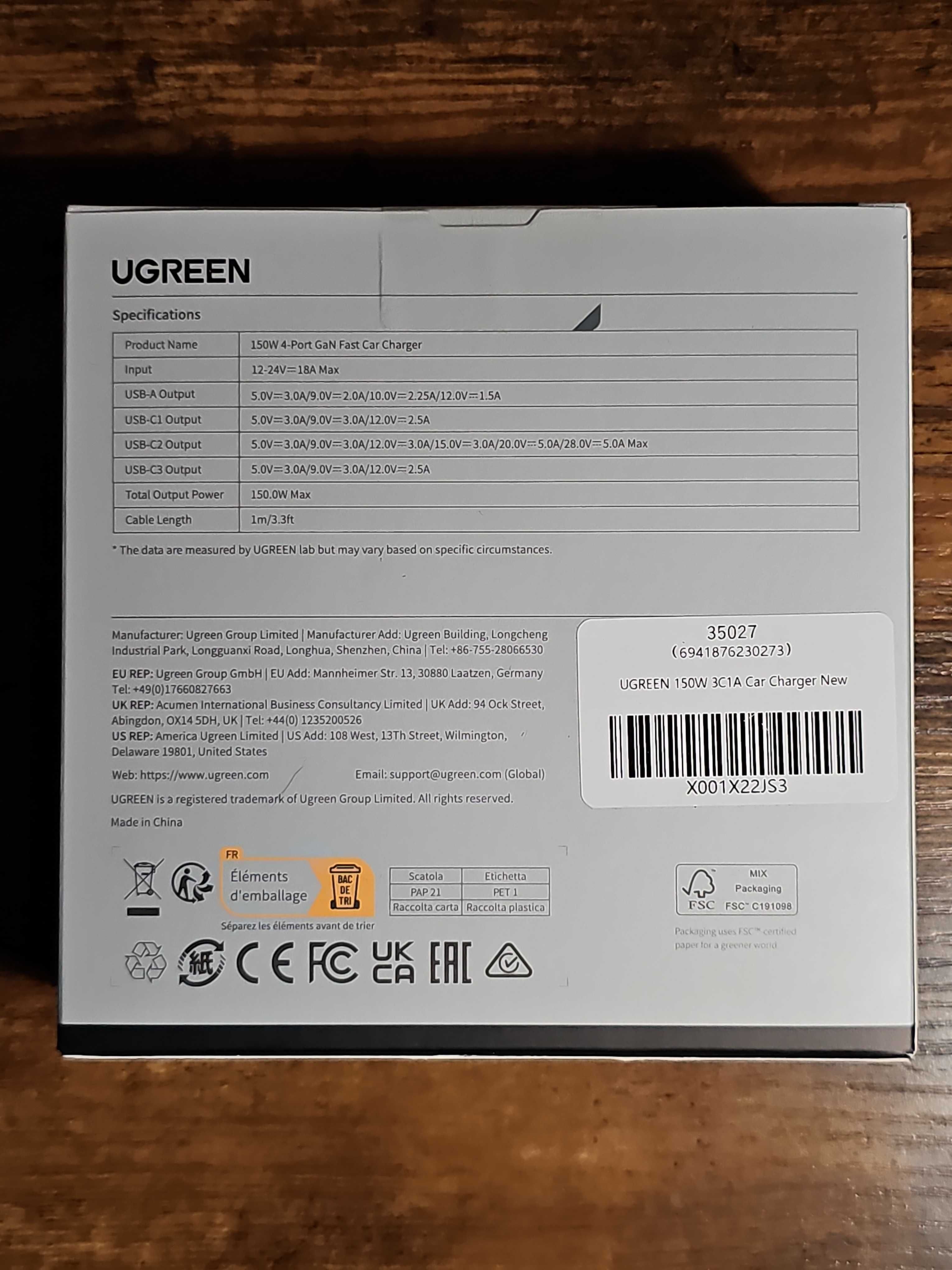 UGREEN 150W GaN zapalniczka samochodowa USB PD3.1 4-portowy