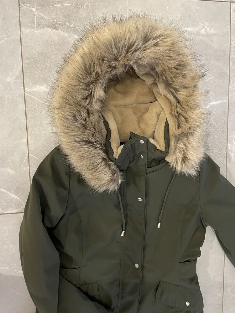 Zara kurtka zimowa parka miś futerko M 38 khaki płaszcz