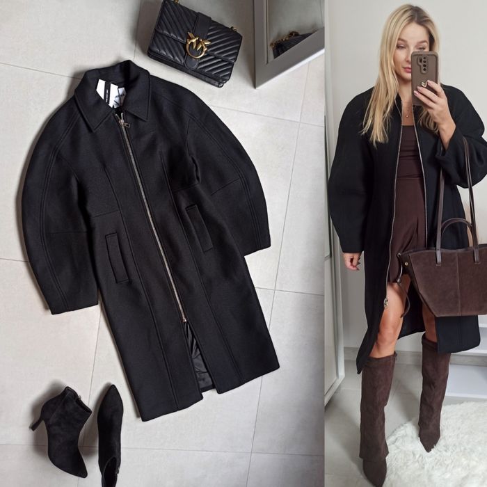 Bershka płaszcz z wełną manteco XS/S czarny balonowe rękawy