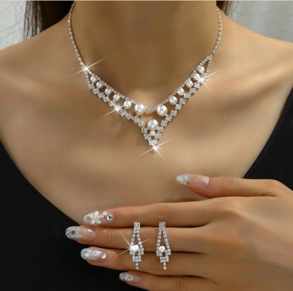 Komplet Biżuterii Perły Kolczyki Naszyjnik Ślub Srebrny Cyrkonie  B8
