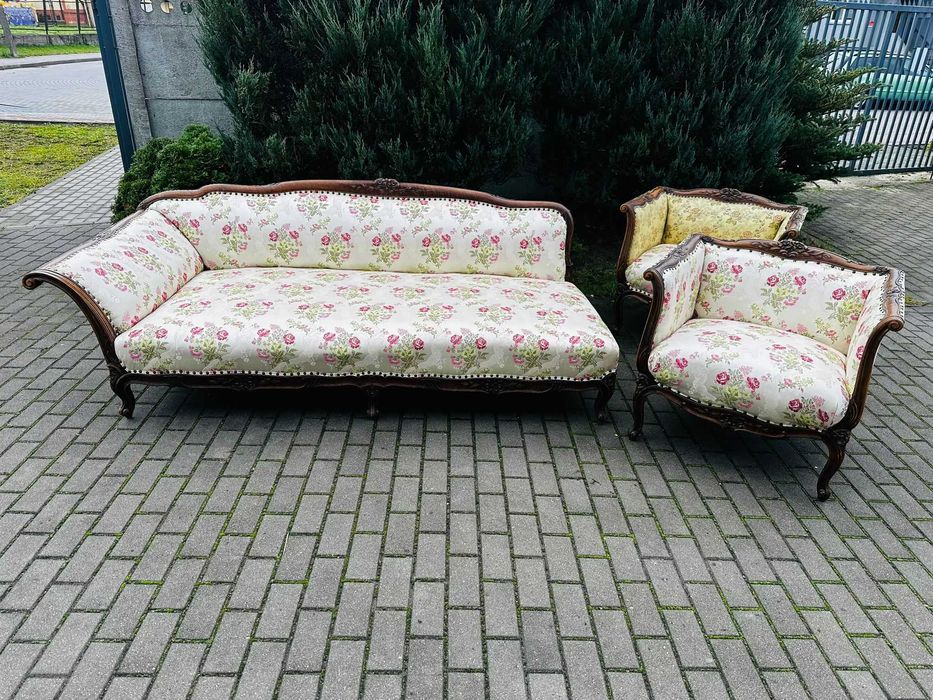 Szezlong duży dwa fotele kanapa sofa leżanka tapicerowany komplet