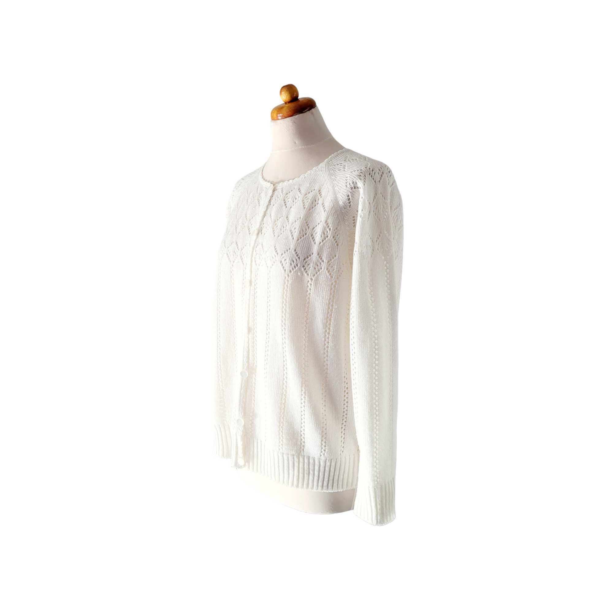 Kremowy ażurowy rozpinany sweter damski kardigan XL vintage boho retro