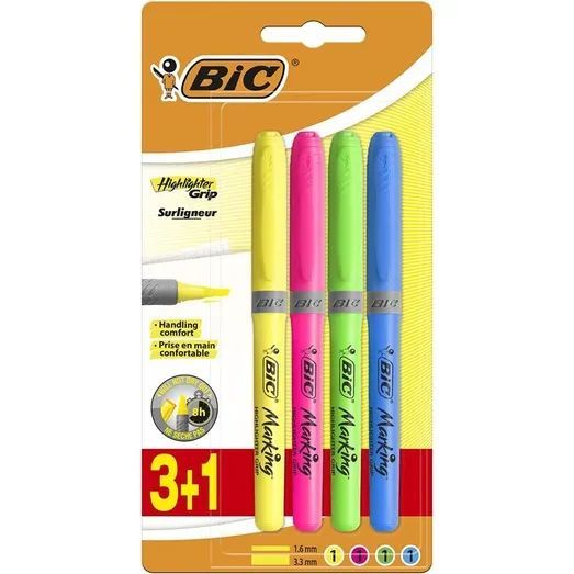 Bic 4x Zakreślacz Highlighter Grip Neonowe Kolory Zestaw 4 Sztuki Mix