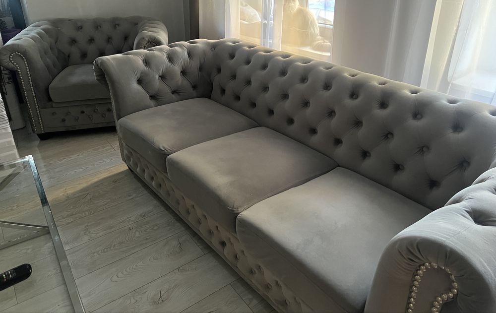 Zestaw mebli pikowanych Chesterfield 3+2+1 kanapa sofa glamour