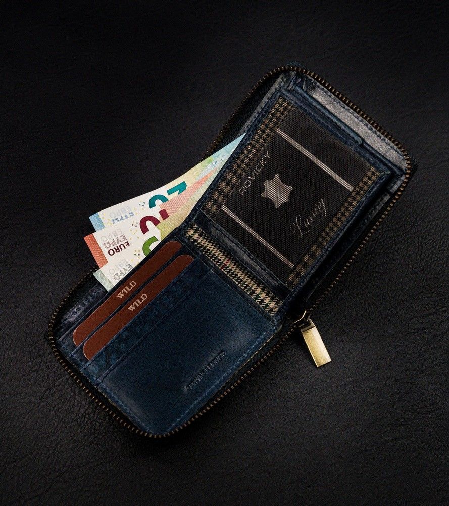 skórzany, kwadratowy portfel męski na zamek w stylu retro, rfid