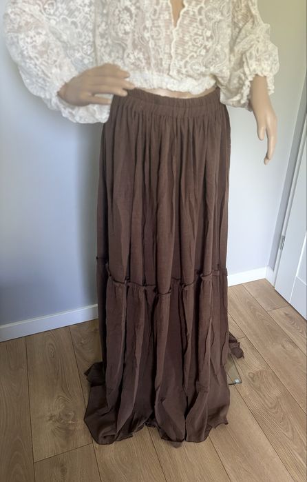 Dwuczęściowa suknia do sesji ciążowej, brąz i koronka boho rustykalna