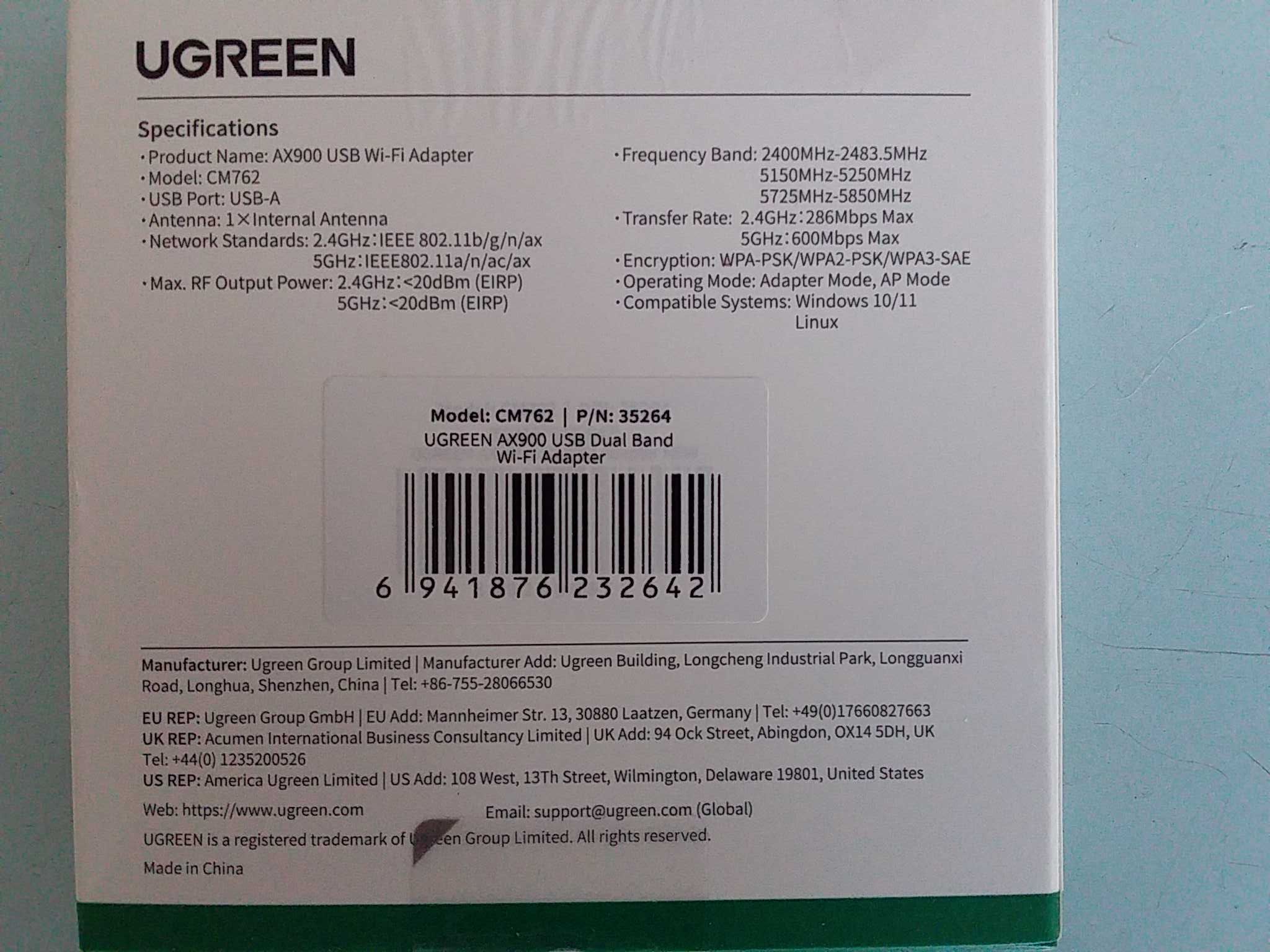 USB Wi-Fi адаптер для компьютера Ugreen AX900 WiFi6