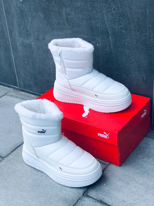 Снежно - белые кожаные дутики Пума на молнии / дутиши Пума / Сапоги