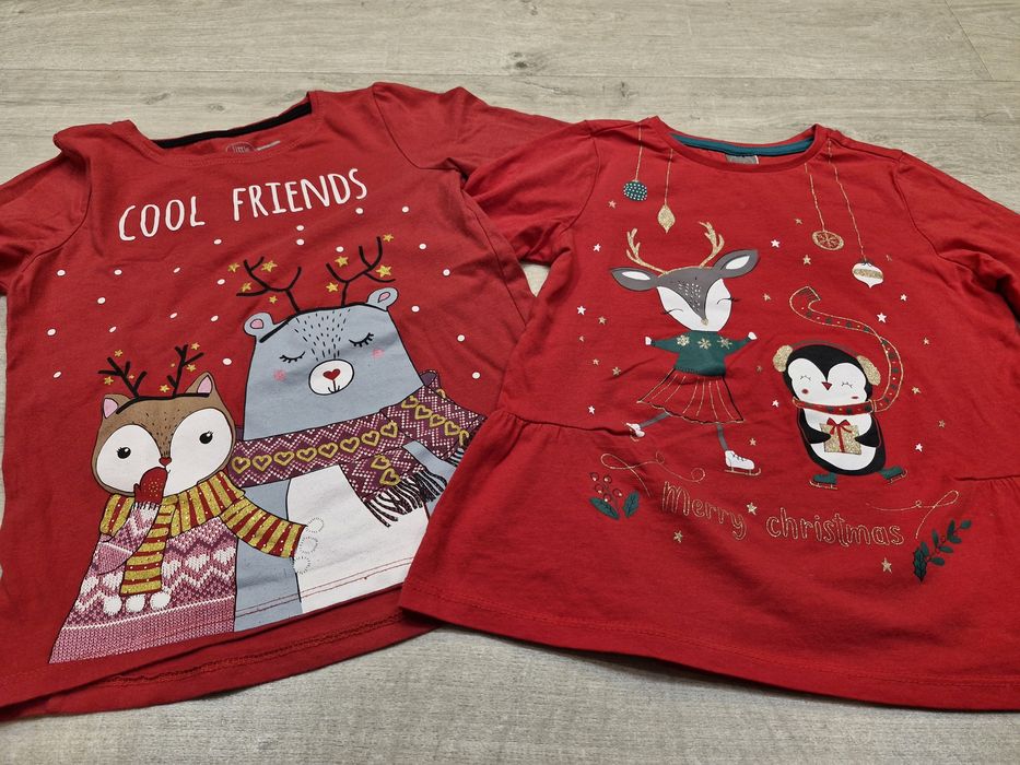 2x bluzeczka bluzka długi rękaw Święta Christmas czerwona r.134 zestaw