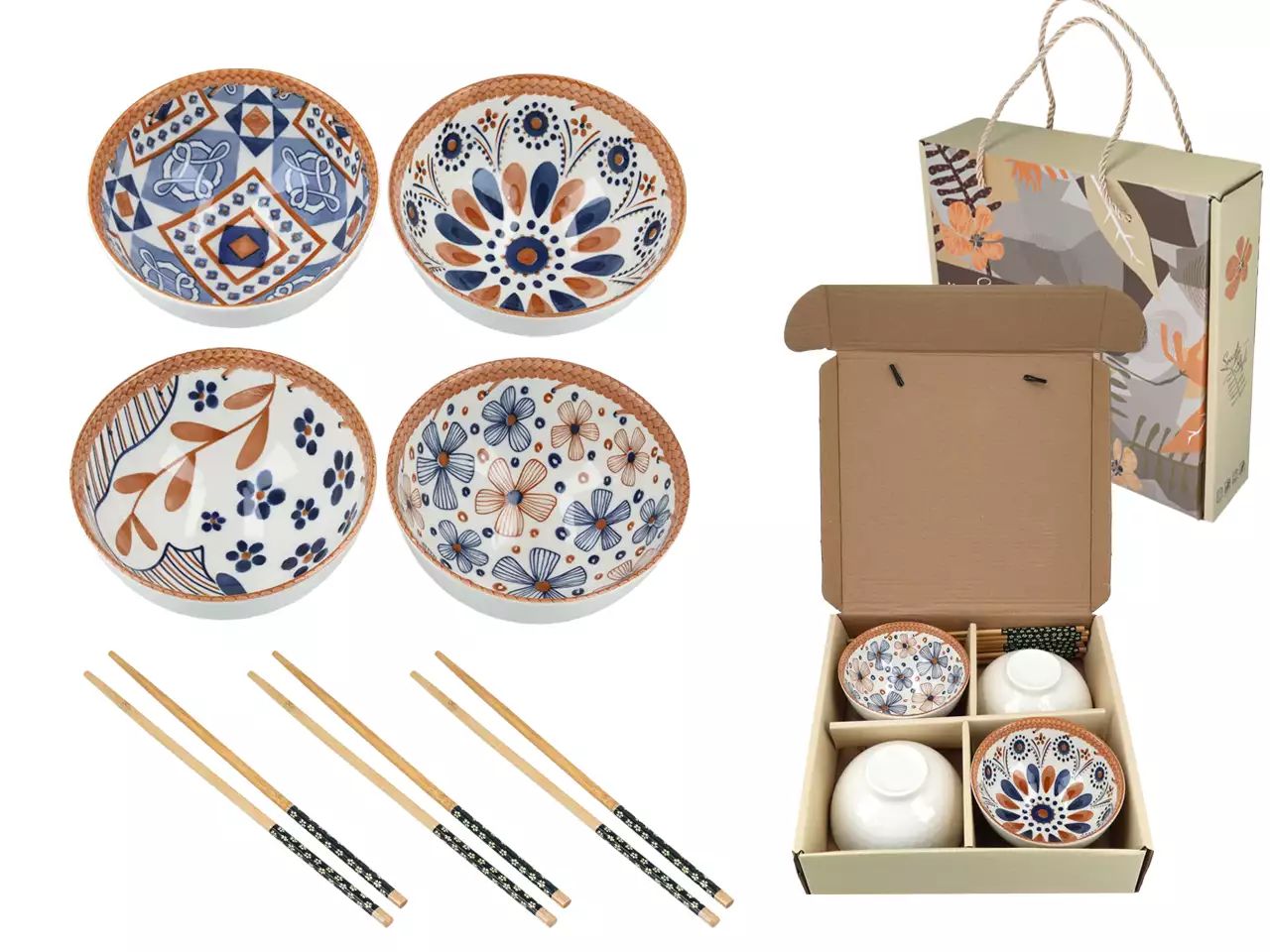 Wzorzyste orientalne miseczki z pałeczkami 4 sztuki ceramika komplet