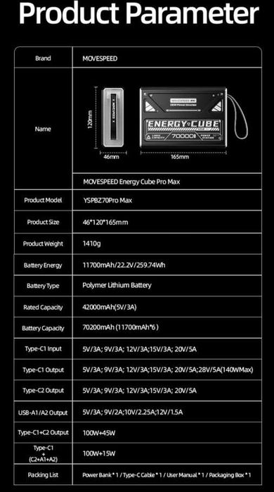 Повербанк, зарядна станція MOVESPEED Z70 Pro Max 70000 mAh 145 W