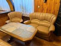 Meble skórzane drewniane komplet / sofa 3os 2os fotel stolik skóra