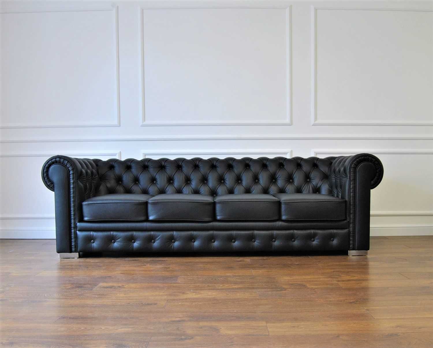 Pikowana sofa chesterfield skórzana 4-osobowa skóra naturalna czarna