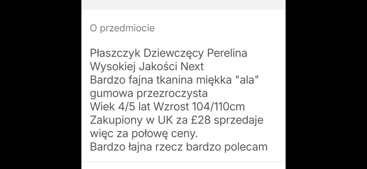 Okazja 50% Ceny Next Płaszczyk Perelina Dziewczęca 4/5lat Wzrost 104cm