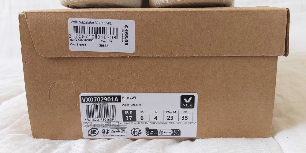 Ténis Veja V-10 CWL White Black, Tamanho 37, Originais, Novos