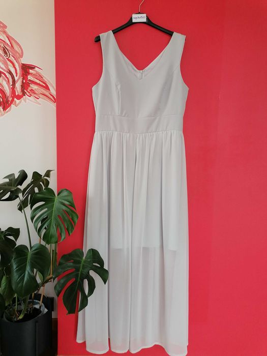 Szara elegancka sukienka na ramiączkach długa maxi na niską osobę