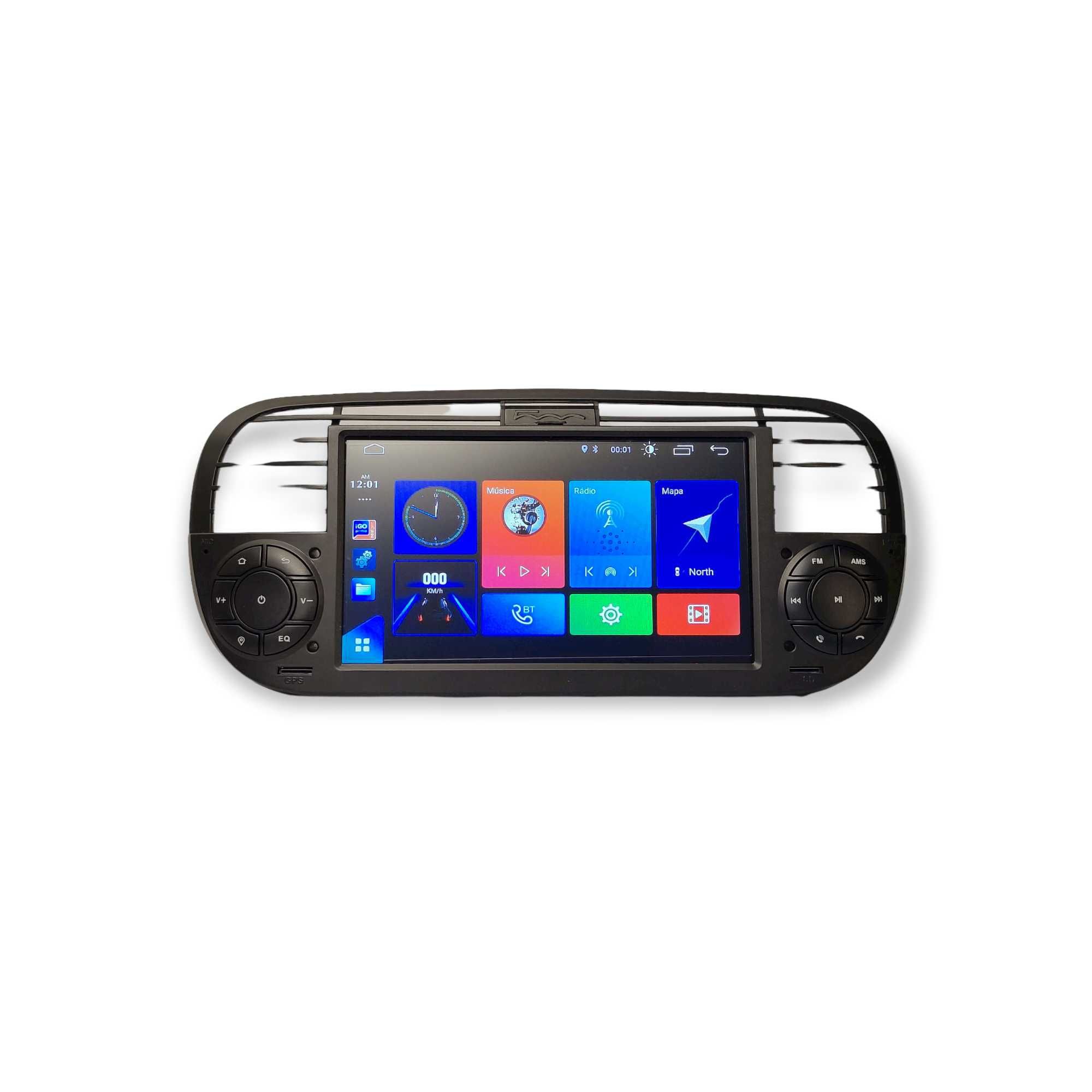 Radio 2 DIN Android 10 Fiat 500 Preto - GPS WIFI CarPlay - Novo