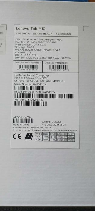 LENOVO tab M10 FULL-HD TB-X605L 4+64GB-PL LTE Etui Jak NOWY!!!