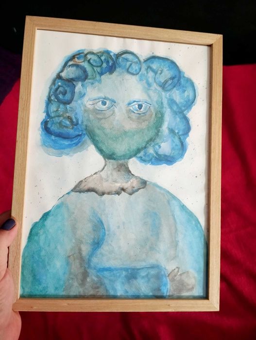Obraz autorska postać w niebieskościach akwarela