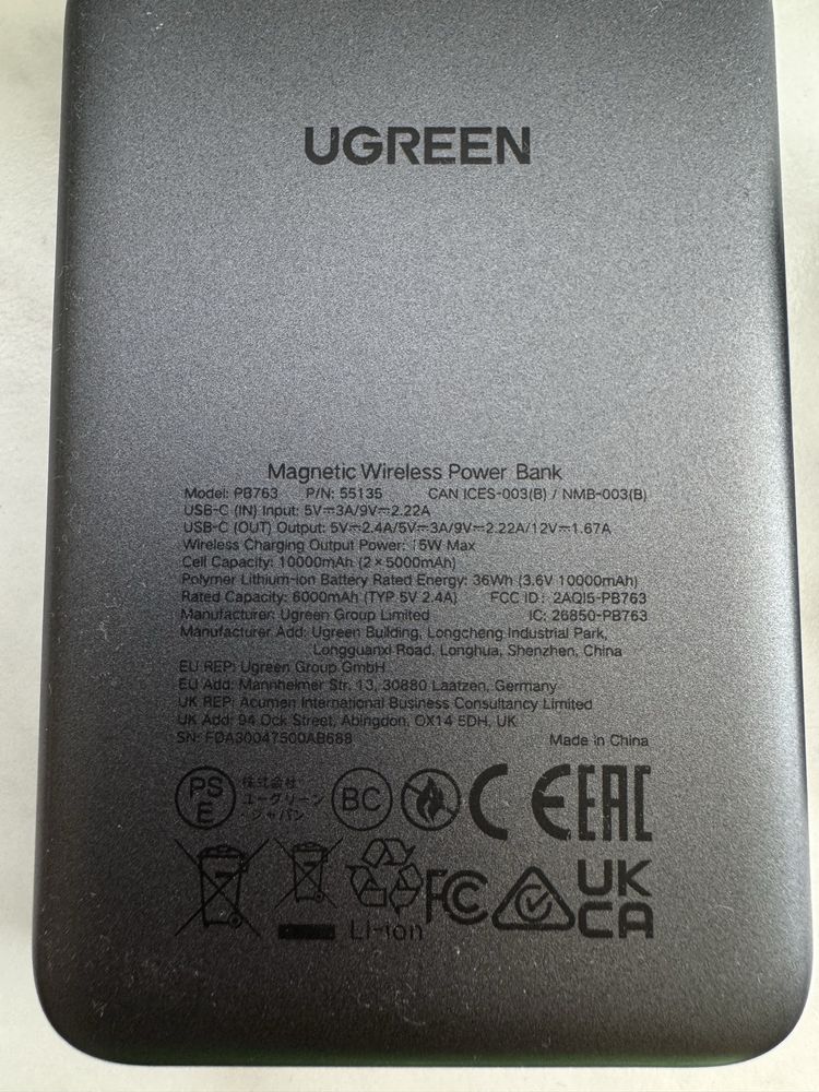 Повербанк зовнішній акумулятор  Ugreen 10000mAh MagSafe Qi2