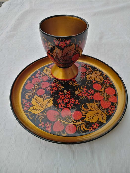 Khokhloma Artesanato Madeira - Prato com Copo