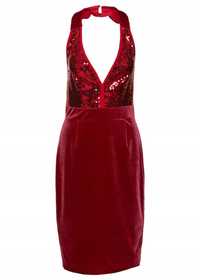 Śliczna Czerwona Aksamitna Sukienka Ołówkowa Cekiny 36 S Bon Prix