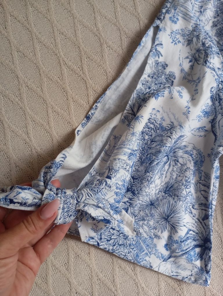 H&M M-L linen blend naturalna prosta biało-niebieska sukienka