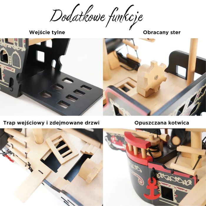 Drewniany statek piracki Barbarossa, zabawa lalkami Le Toy Van TV246c