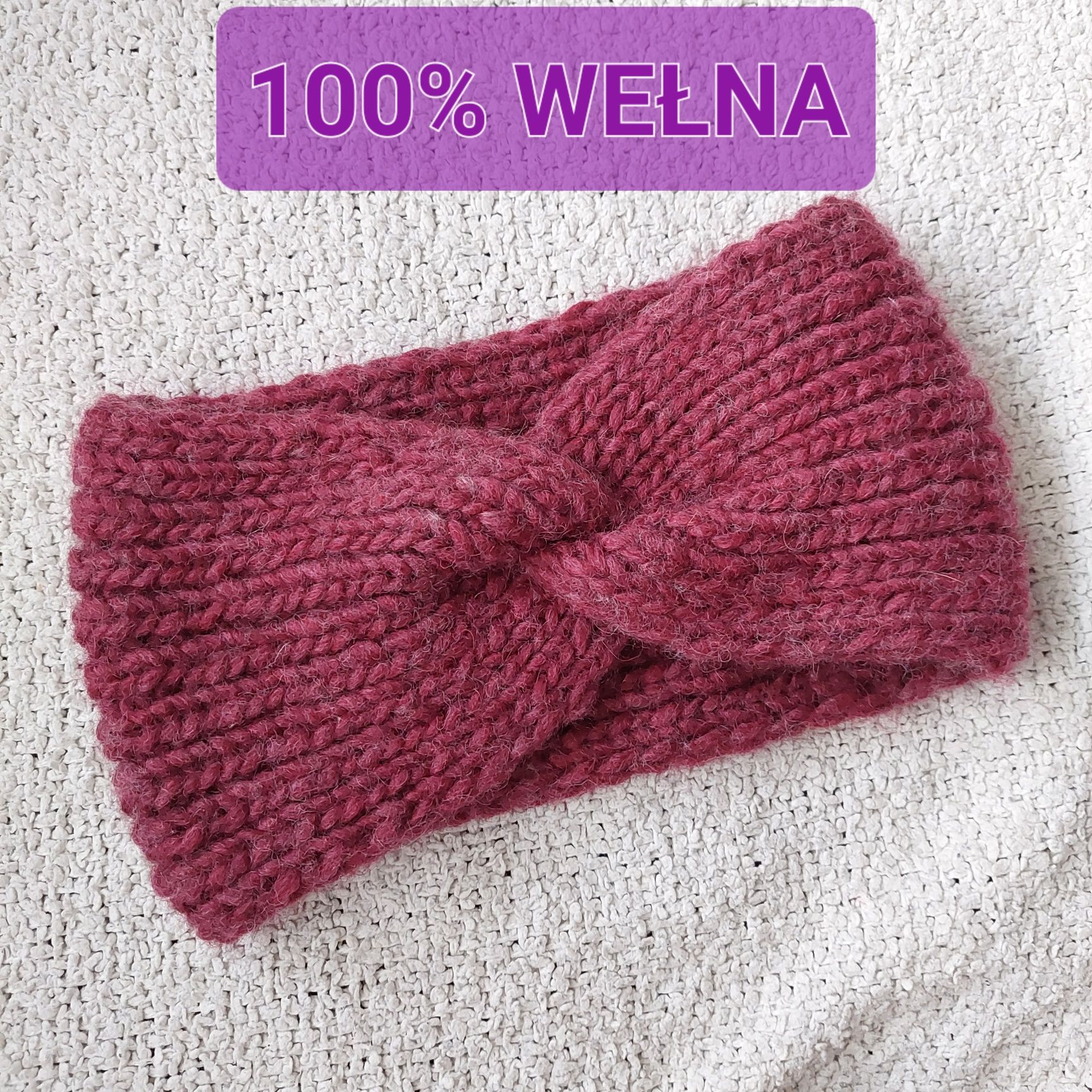 Opaska ręcznie robiona na drutach handmade rękodzieło 100% wełna bordo