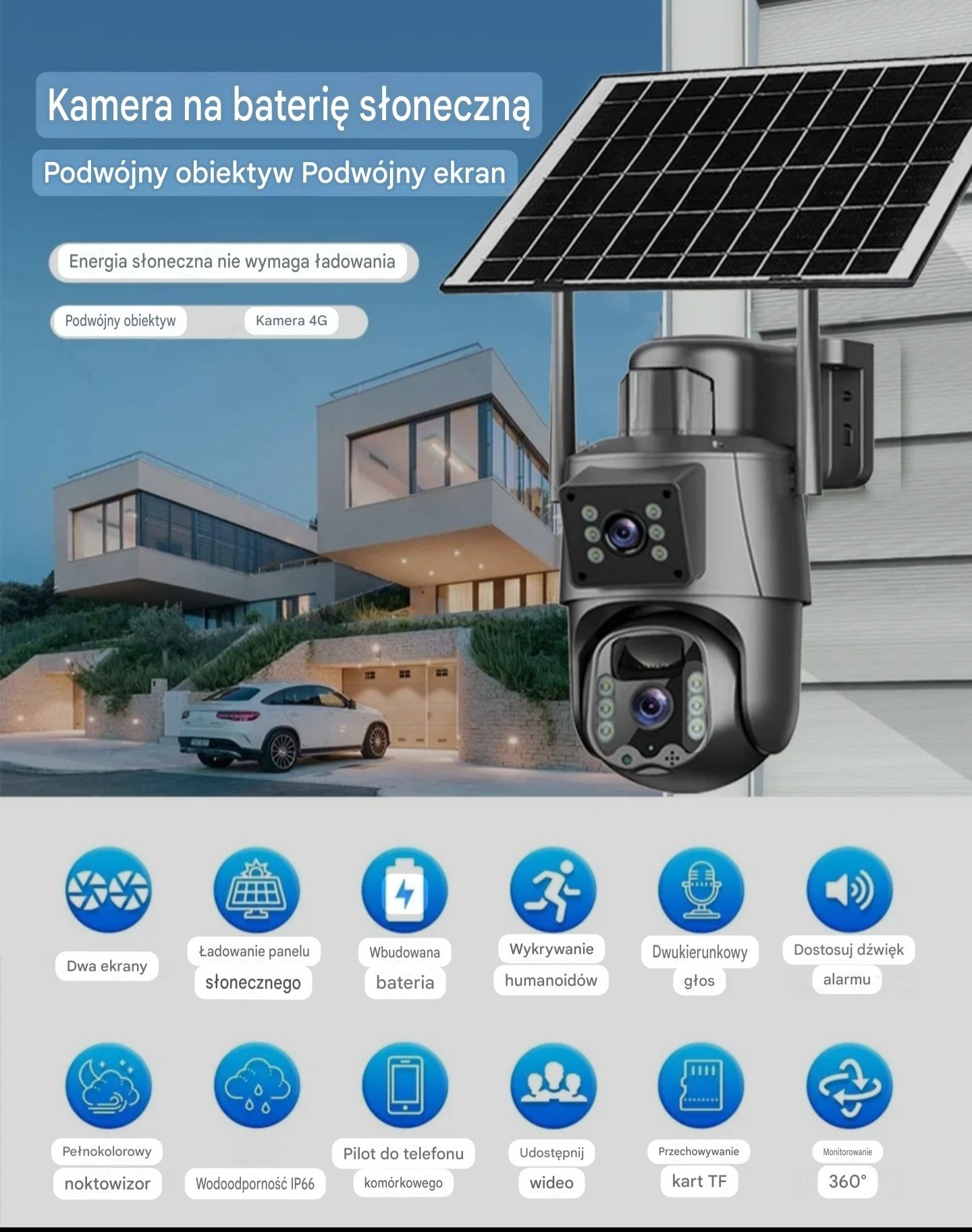 Kamera 4G na kartę SIM Solarna IP65 8MP podwójny obiektyw