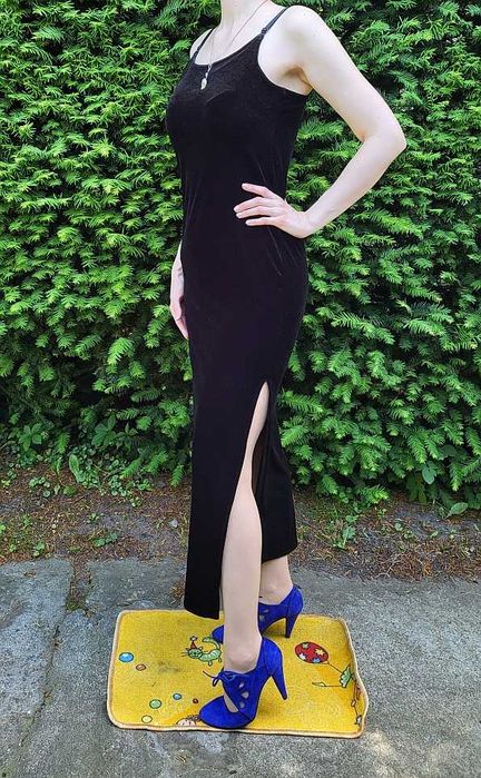 sukienka 38 M 40 L welwet aksamit maxi maksi wesele czarna studniówka