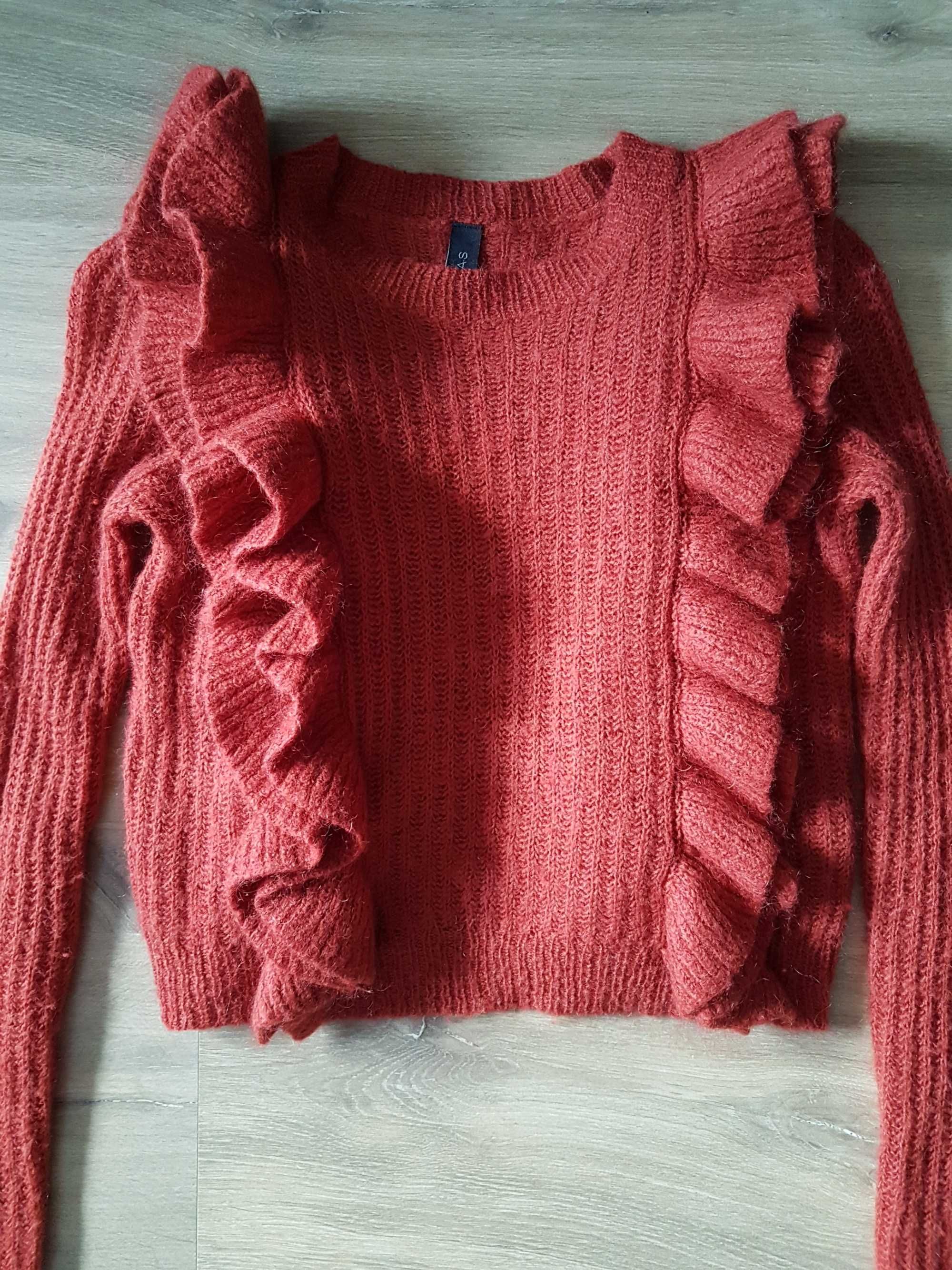 YAS rudy sweter z pionowymi falbanami roz. 140/146 10% moher 20% wełna