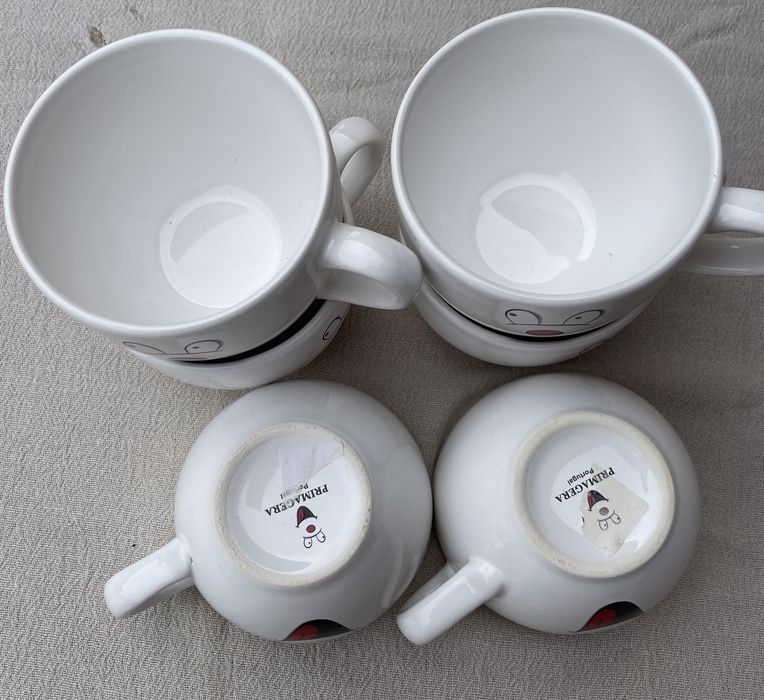 Seis tijelas de pequeno almoço de louça branca, com desenhos