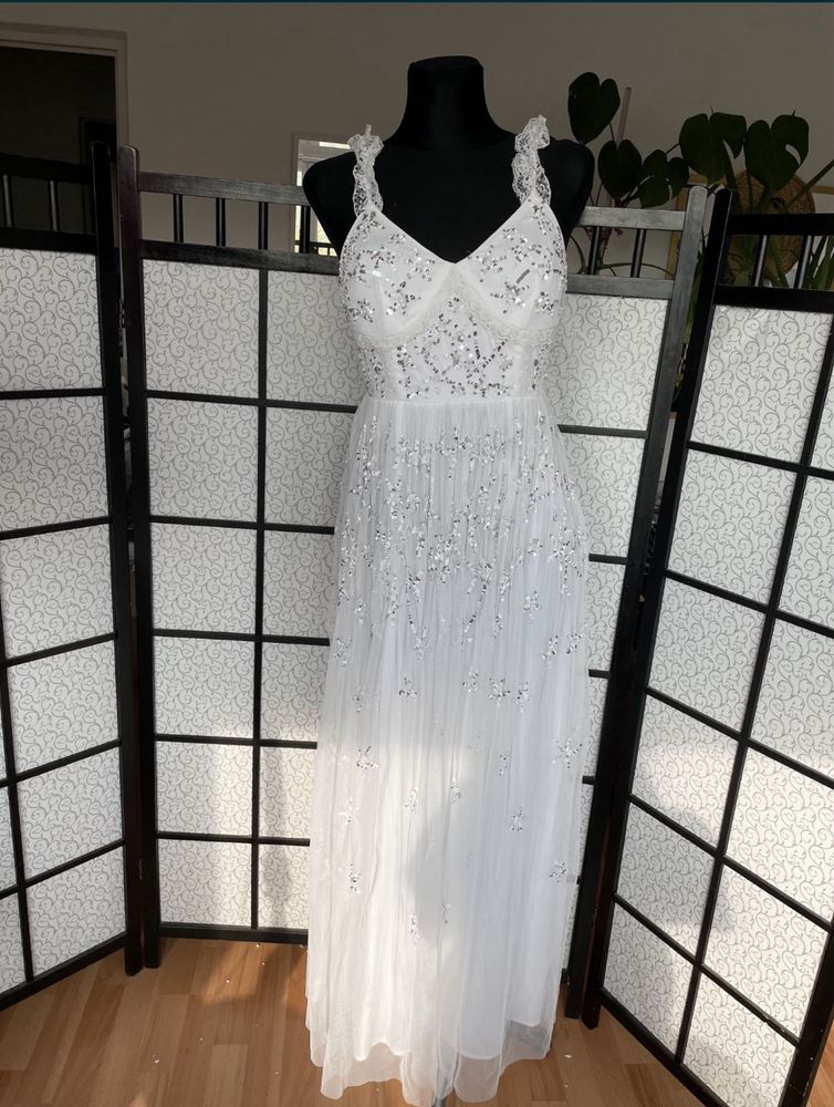 Maya deluxe cekinowa sukienka maxi tiulowa 34 xs 36 s petite