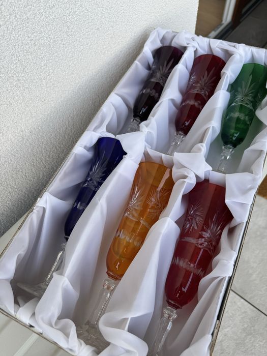 Kolorowe kryształy kieliszki, huta Krystyna, hand madr