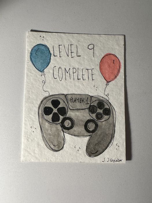 Kartka urodzinowa dla gracza pad level complete balony