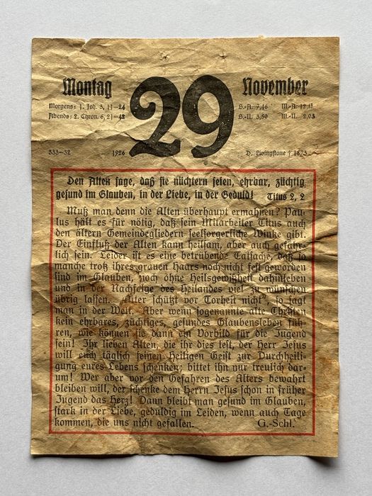 Stara kartka z kalendarza 1926 roku.